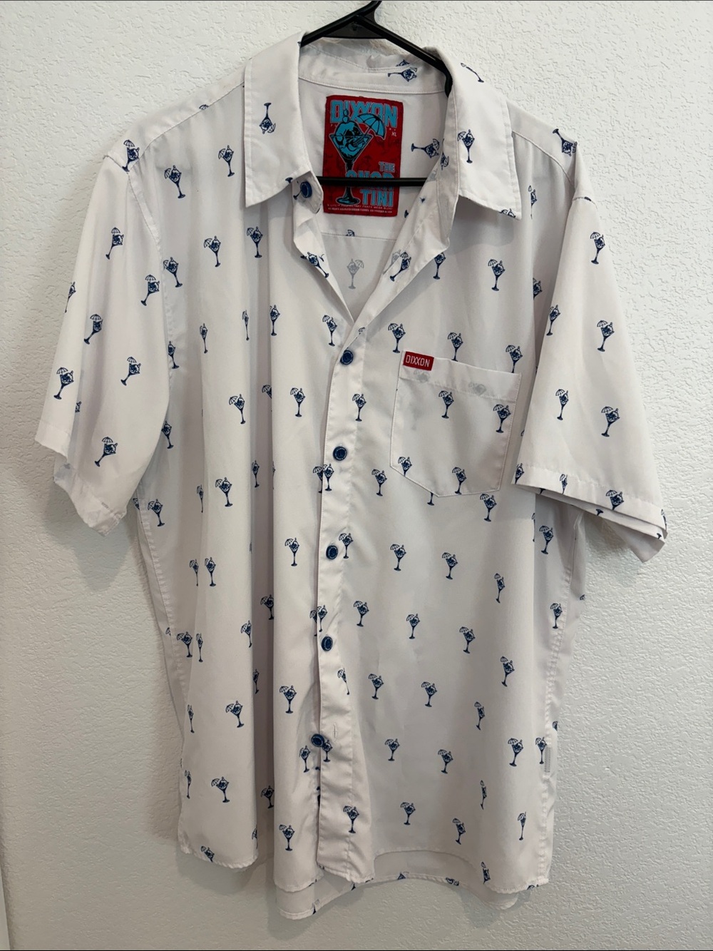 DIXXON White Short-Sleeve Button-Down Shirt with Navy Cocktail Print